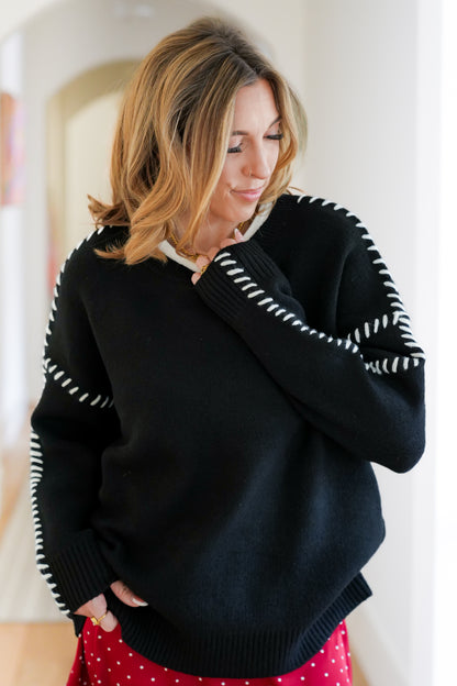 Plus/Reg Long Sleeve Round Neck Sweater with Blanket Stitch Accents