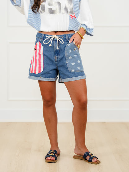 Medium Wash Americana Flag Short With Drawstring
