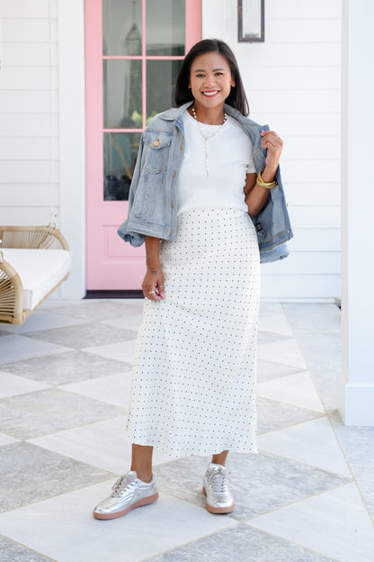 Polka Dot Satin Midi Skirt