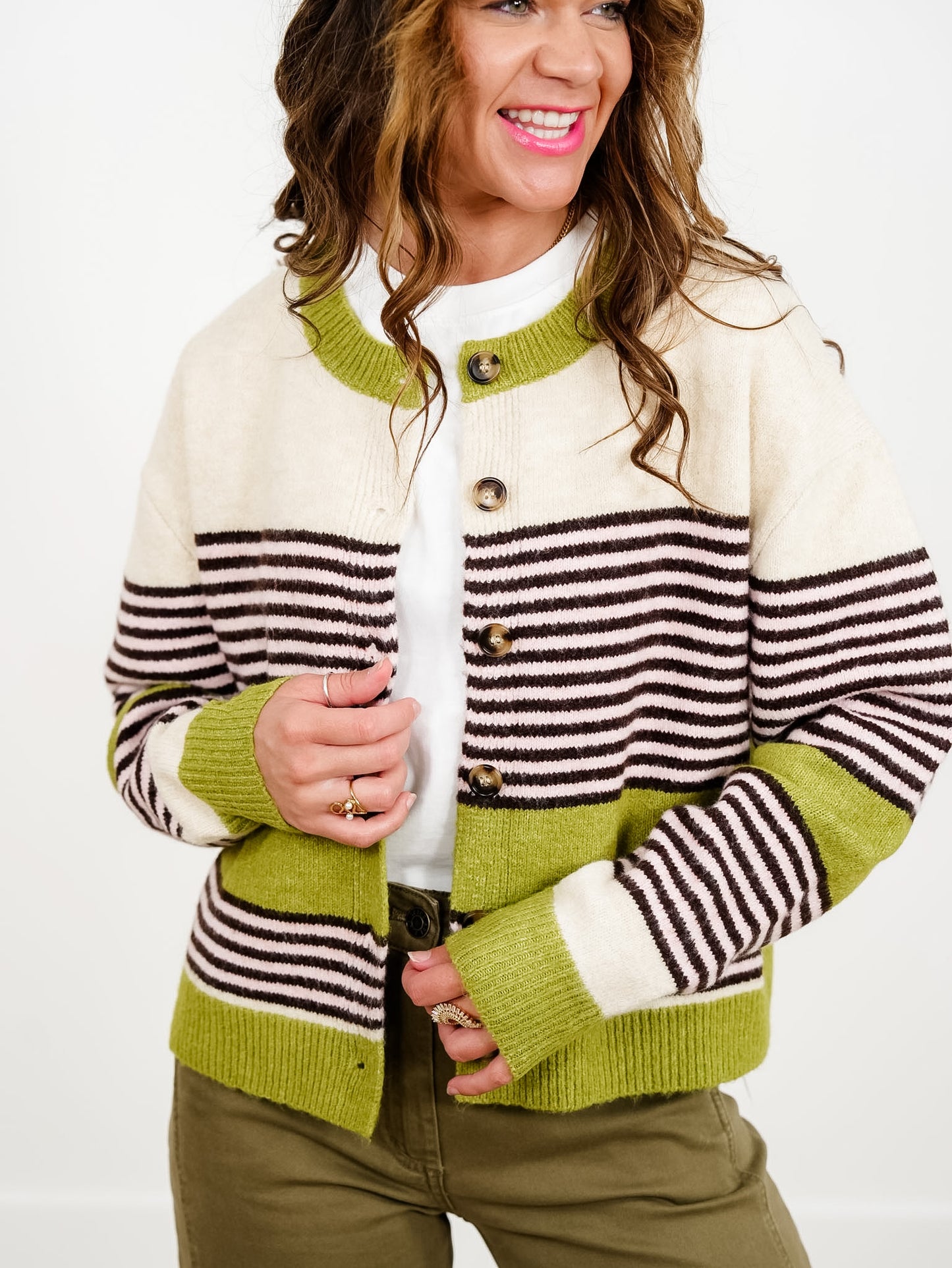 Stripe Color Block Long Sleeve Button Down Cardigan