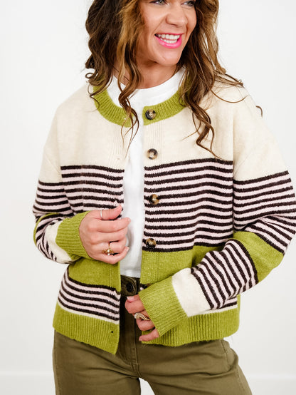 Stripe Color Block Long Sleeve Button Down Cardigan