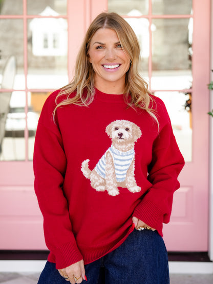 Red Long Sleeve Golden Doodle Pullover Sweater - Freckled Poppy