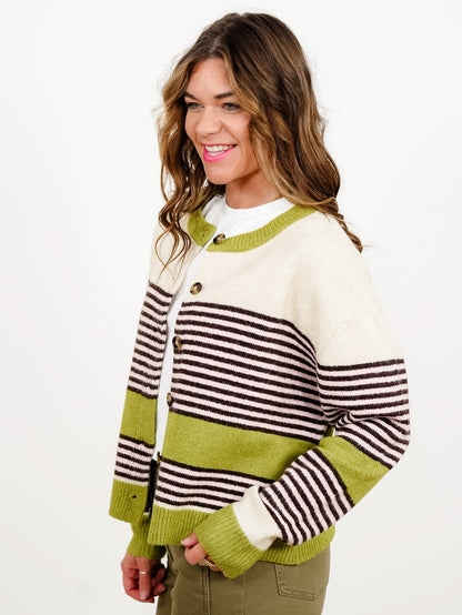 Stripe Color Block Long Sleeve Button Down Cardigan