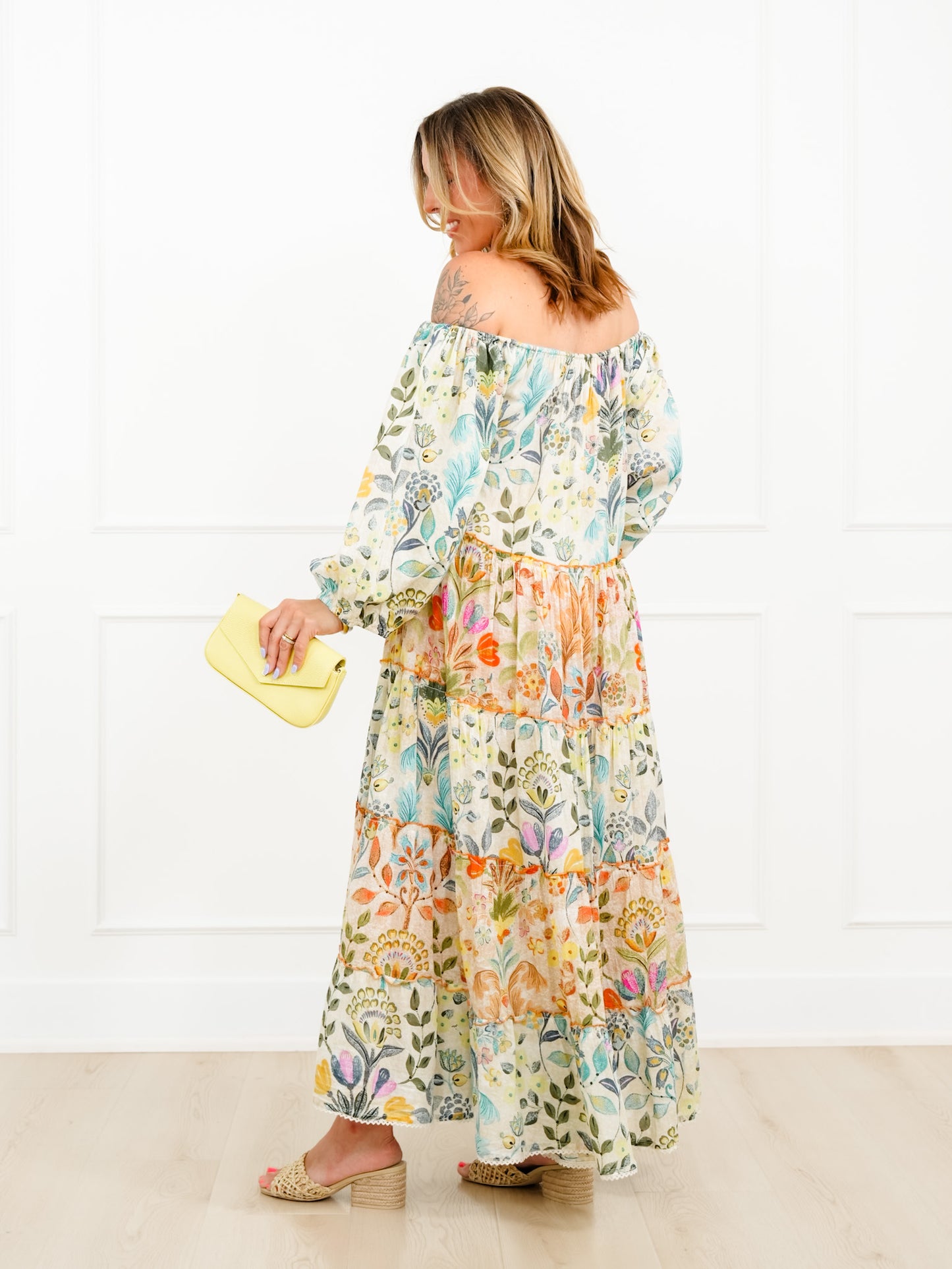 POL Floral Pattern 3/4 Sleeve Tiered Maxi Dress