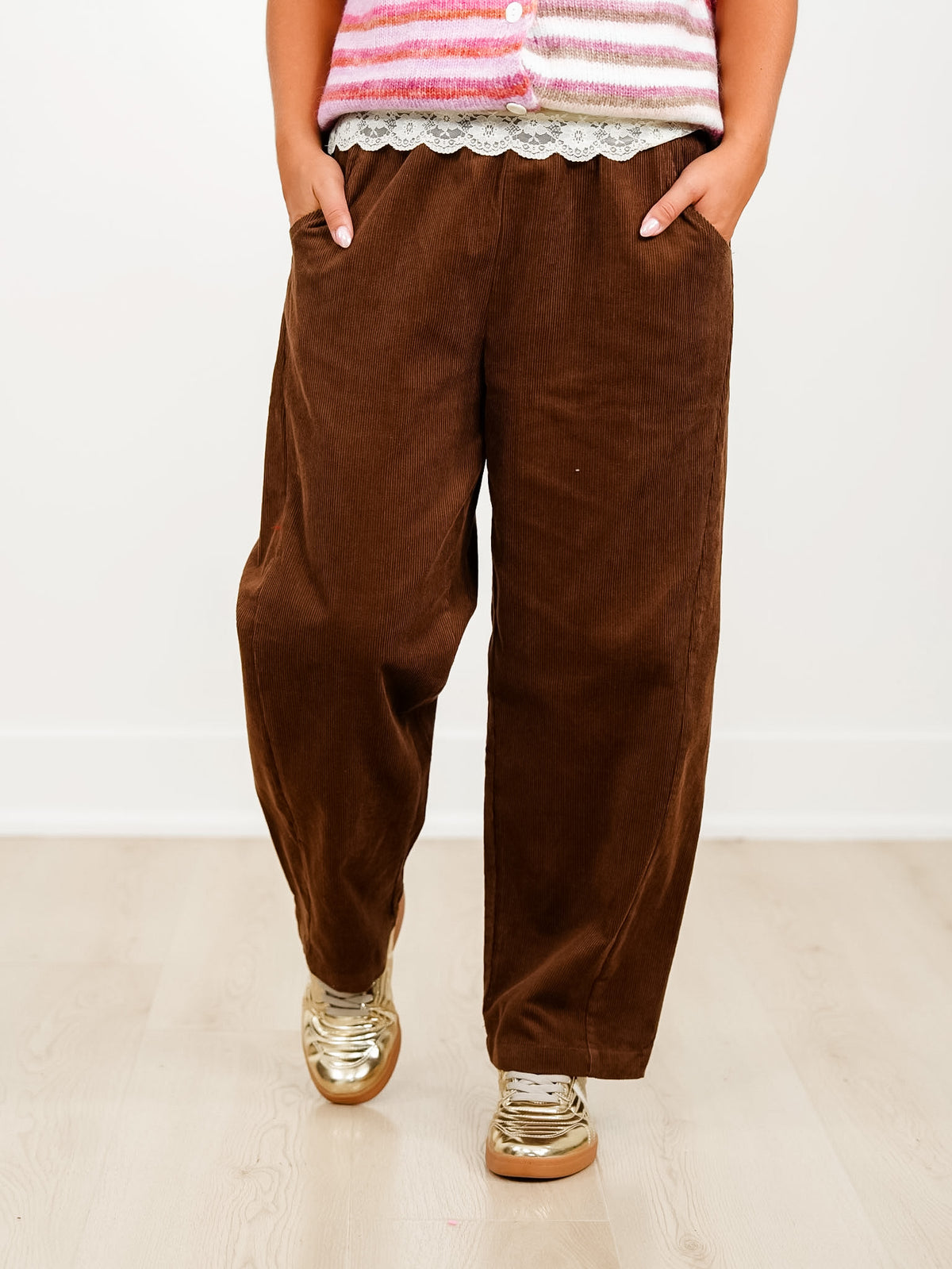 Corduroy Elastic High Waist Barrel Pants - Freckled Poppy