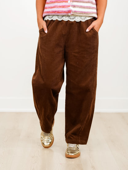 Corduroy Elastic High Waist Barrel Pants - Freckled Poppy