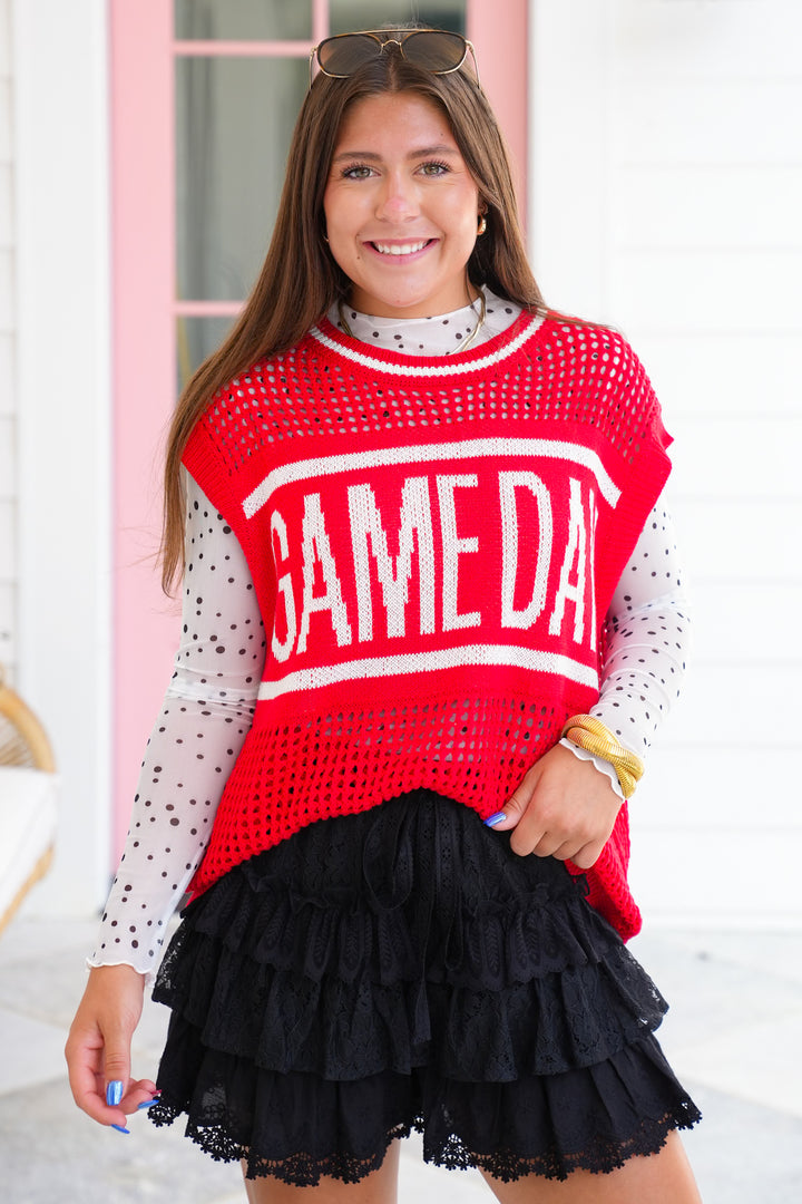 Red Sleeveless "Game Day" Sweater Top