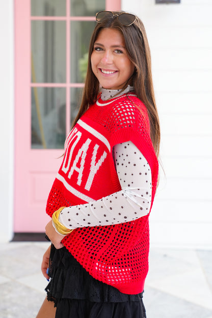 Red Sleeveless "Game Day" Sweater Top
