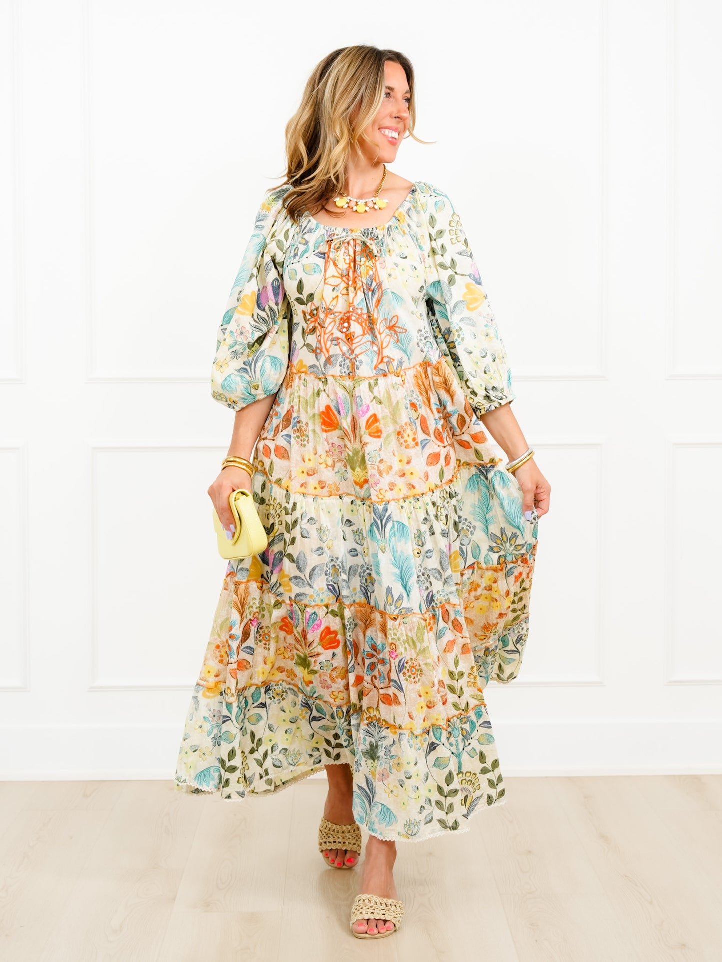 POL Floral Pattern 3/4 Sleeve Tiered Maxi Dress