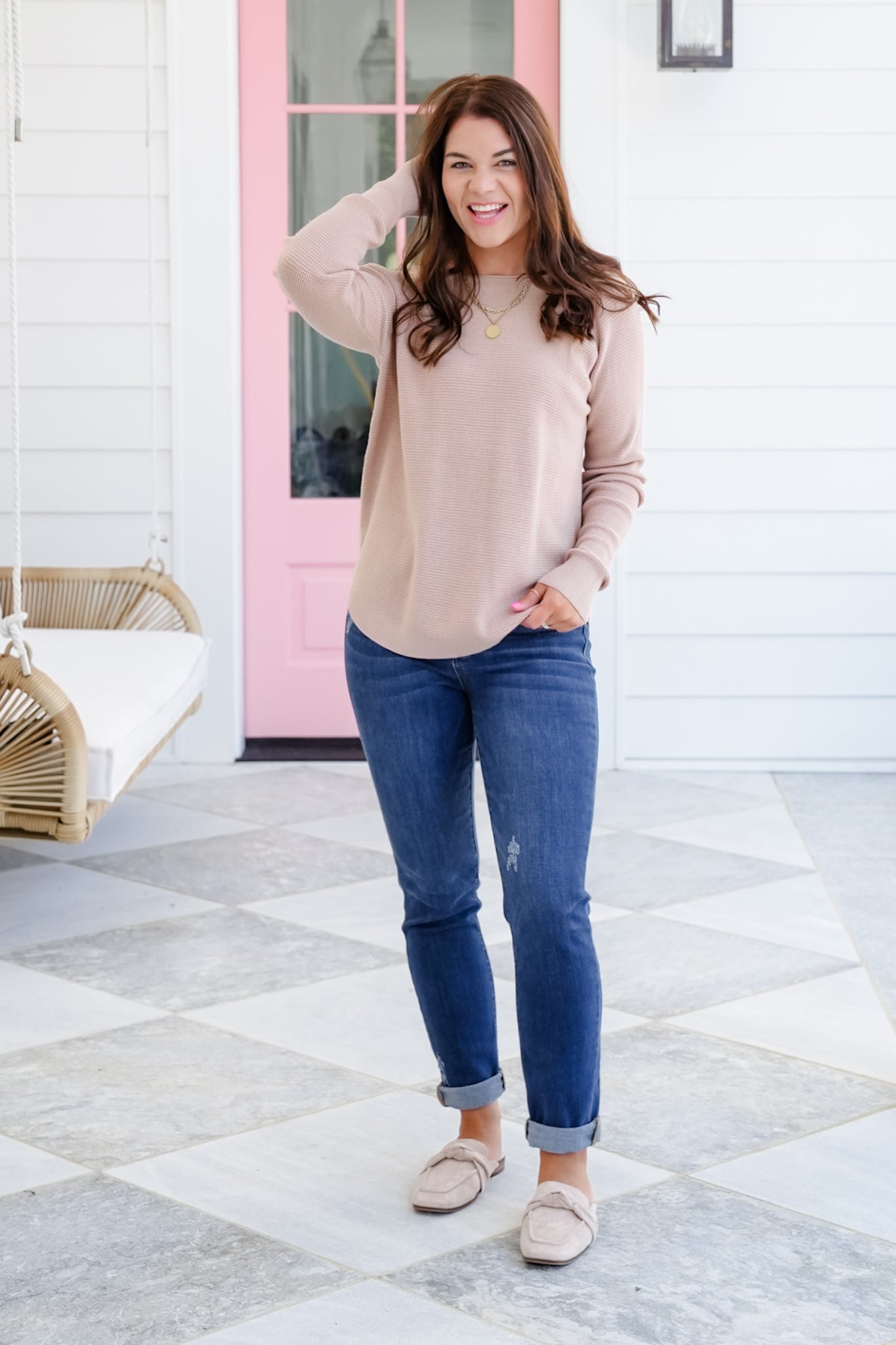 Mini Waffle Knit Long Sleeve Crew Neck Top