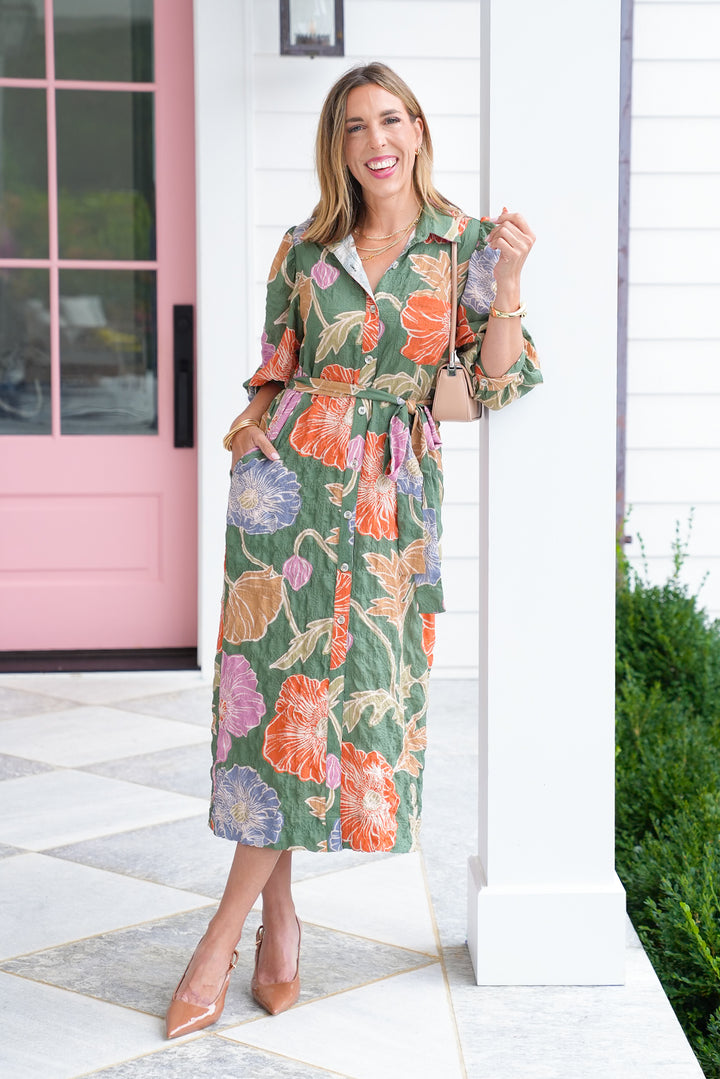 Plus/Reg Textured Floral Half Sleeve Midi Dress