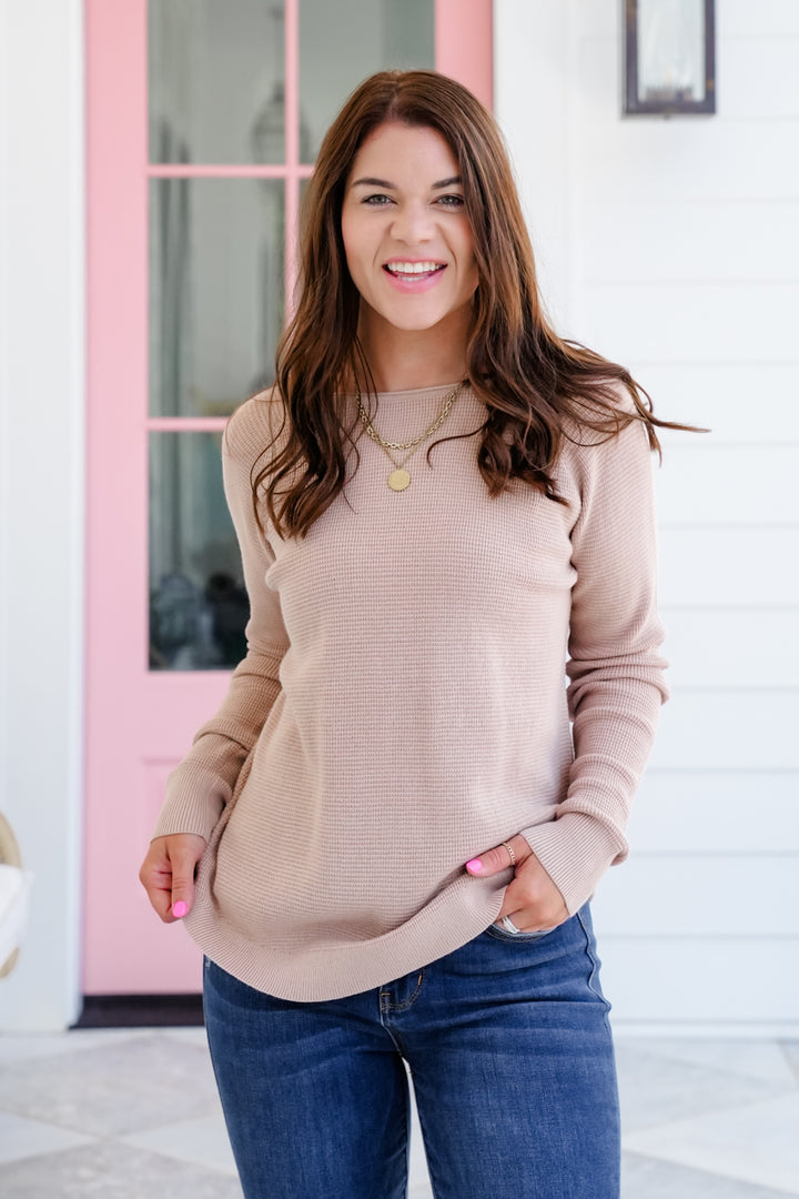 Mini Waffle Knit Long Sleeve Crew Neck Top