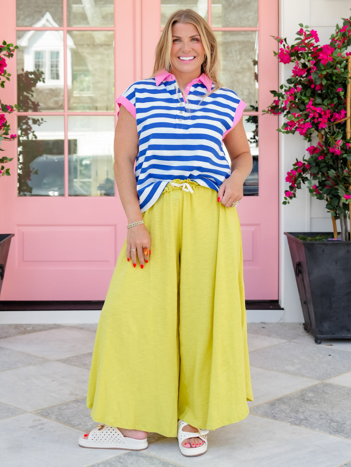 Stripe Sleeveless Snap Button Up Top with Contrast Trim