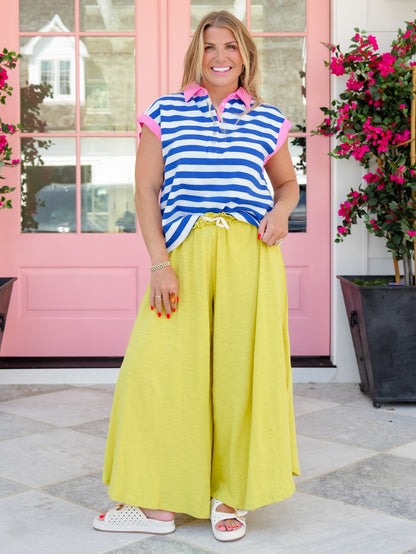 Stripe Sleeveless Snap Button Up Top with Contrast Trim