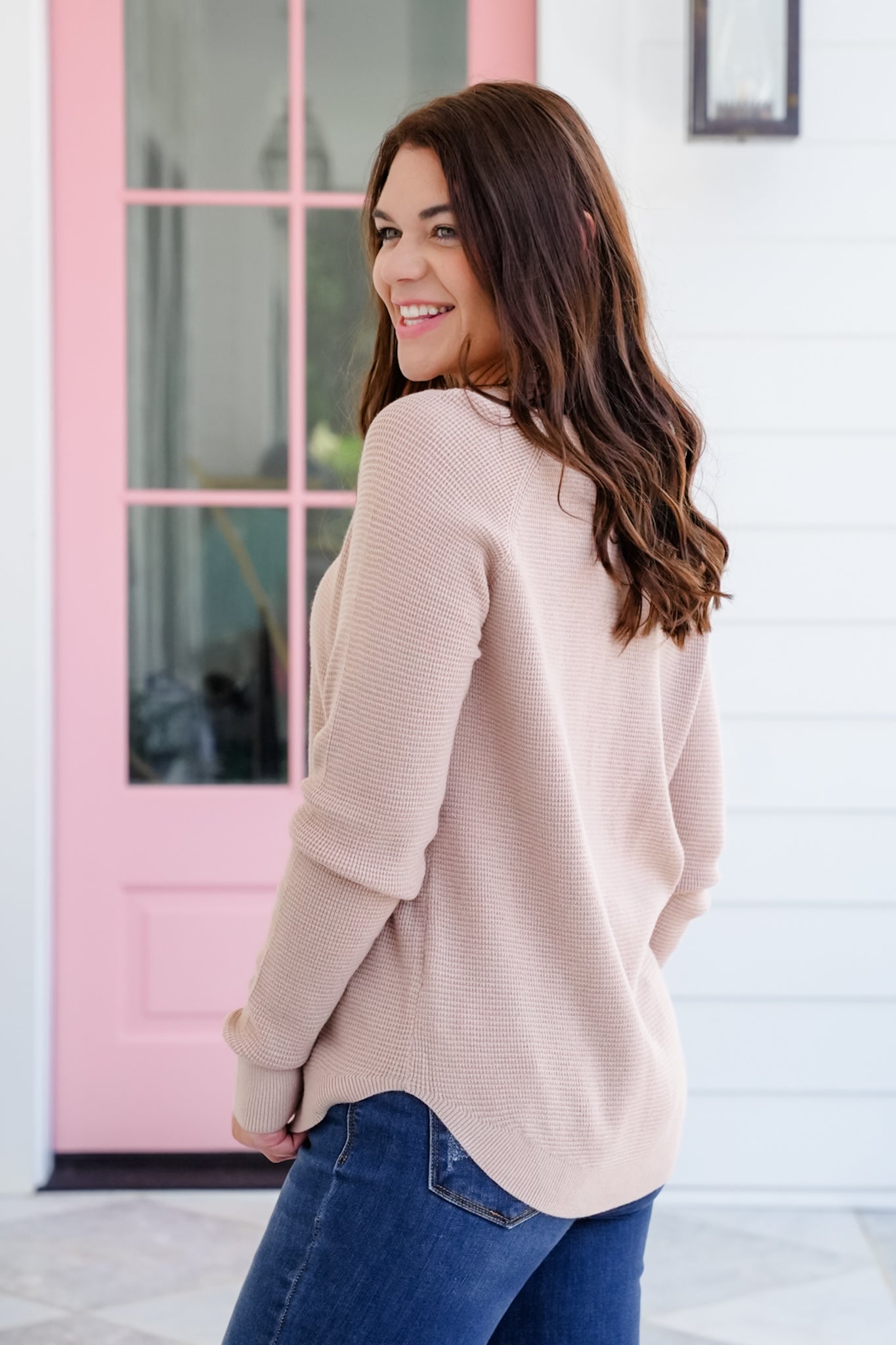 Mini Waffle Knit Long Sleeve Crew Neck Top