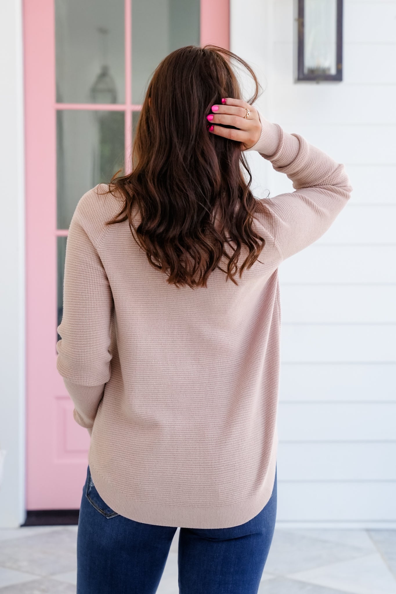 Mini Waffle Knit Long Sleeve Crew Neck Top