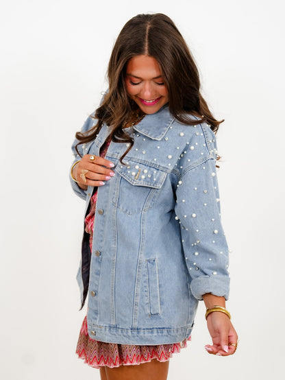 Plus/Reg Light Wash Long Sleeve Jacket with Pearl and Rhinestones