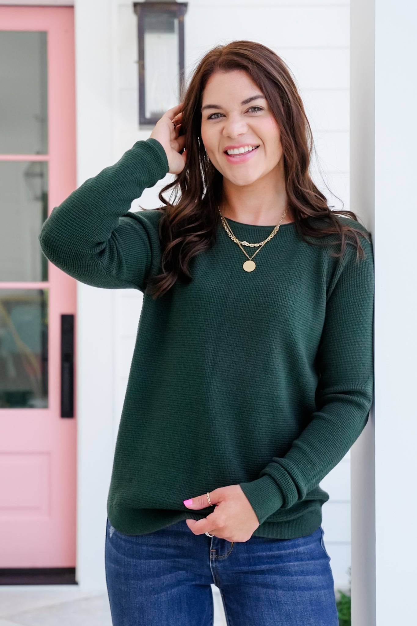 Mini Waffle Knit Long Sleeve Crew Neck Top