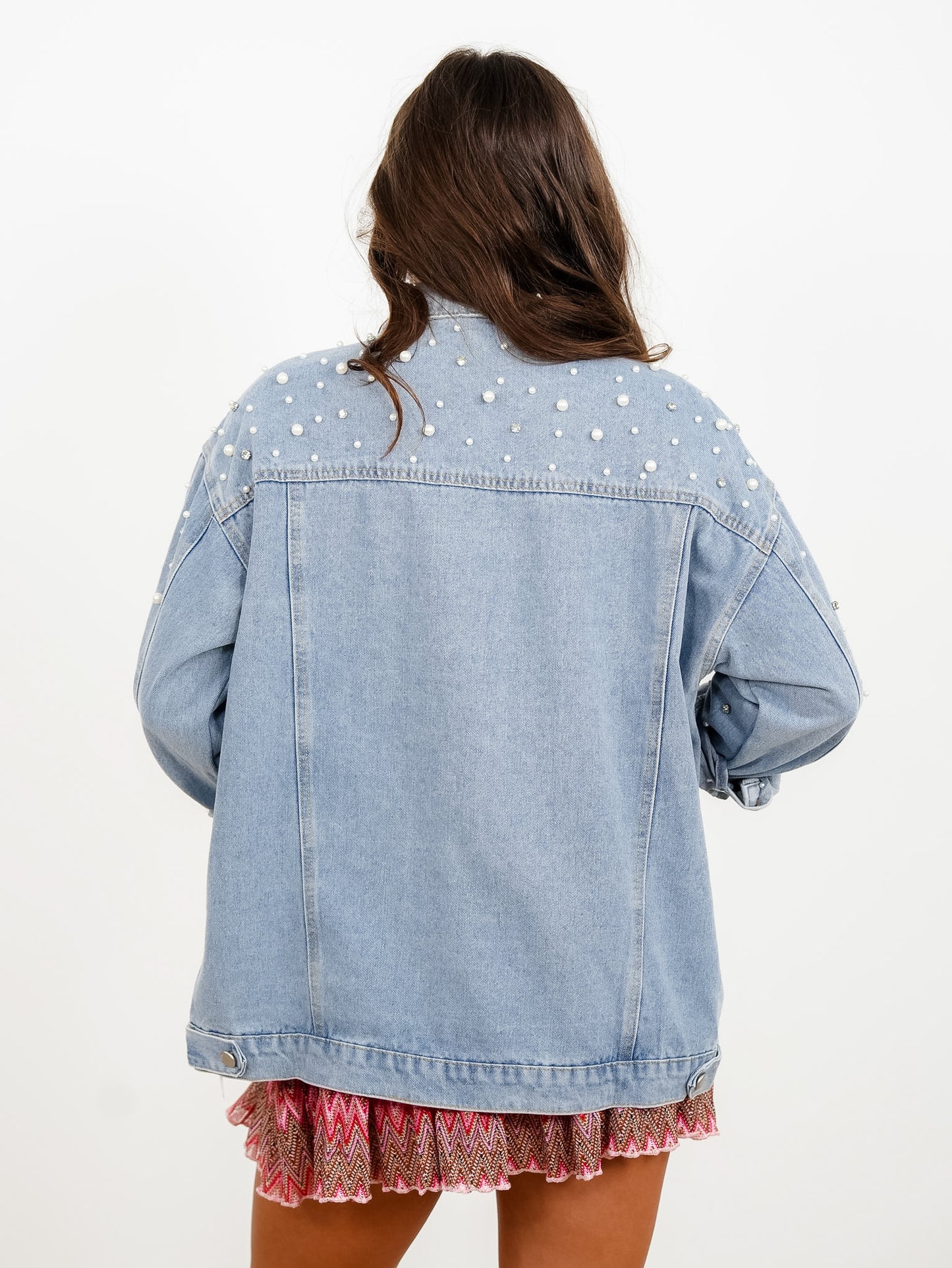 Plus/Reg Light Wash Long Sleeve Jacket with Pearl and Rhinestones