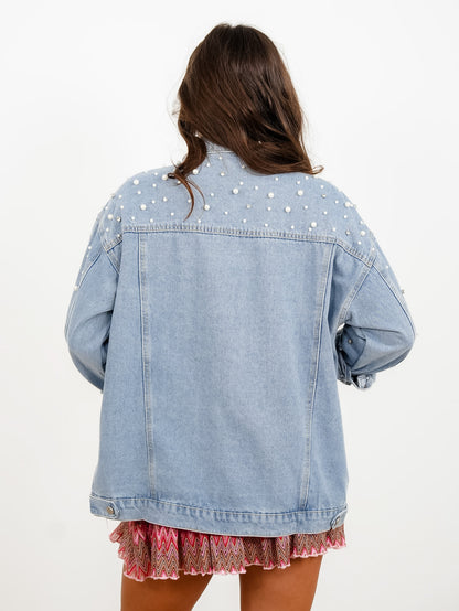 Plus/Reg Light Wash Long Sleeve Jacket with Pearl and Rhinestones