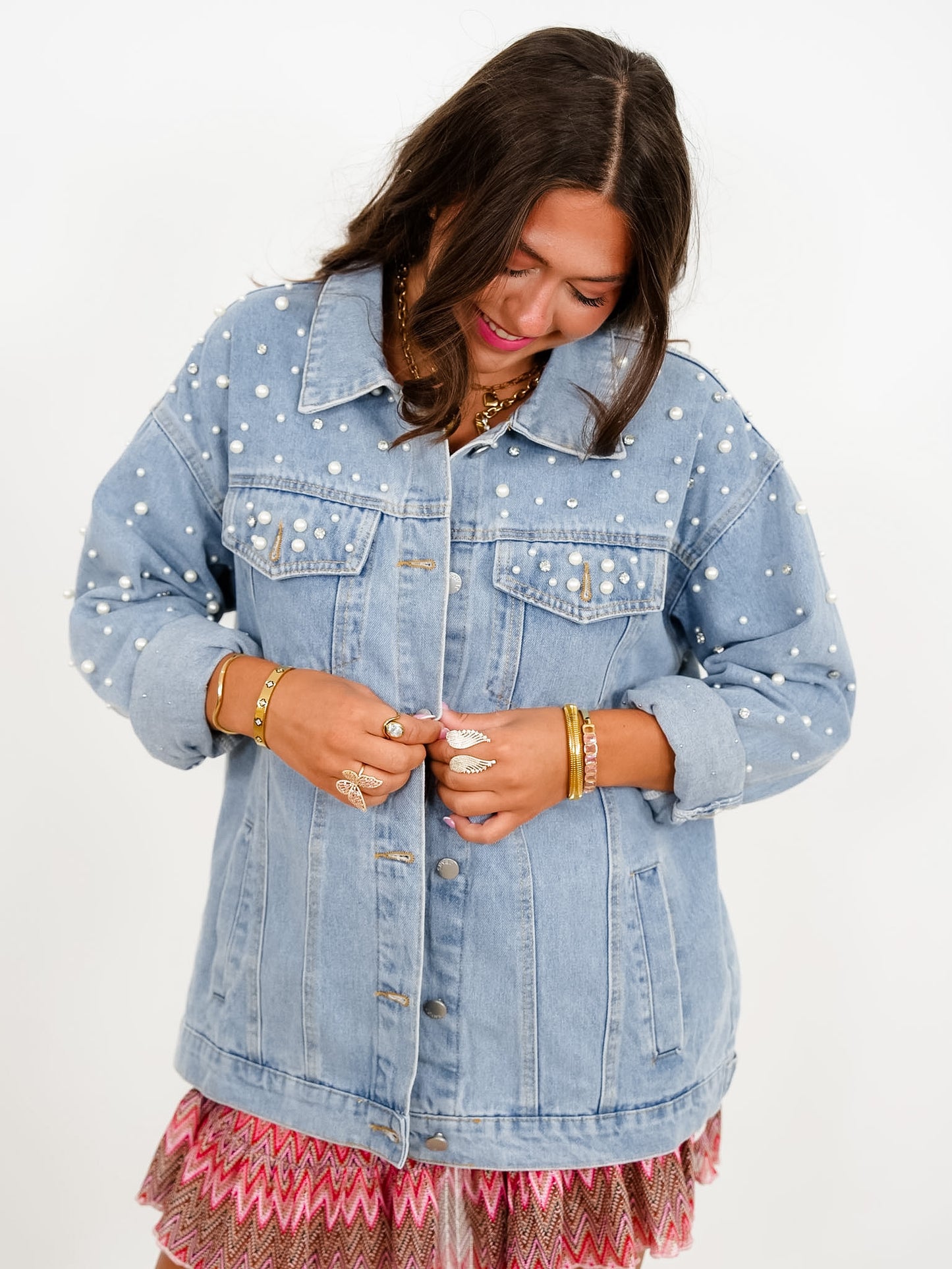 Plus/Reg Light Wash Long Sleeve Jacket with Pearl and Rhinestones