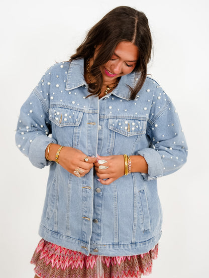 Plus/Reg Light Wash Long Sleeve Jacket with Pearl and Rhinestones