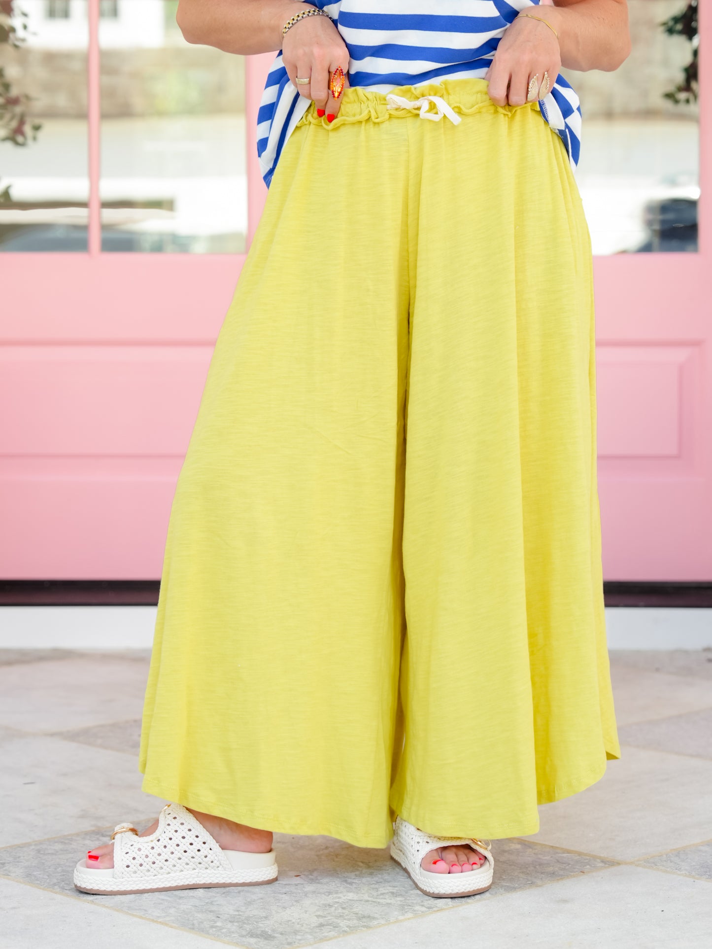 Paper Bag Elastic Waist Wide Leg Pants with Button Tab Hem