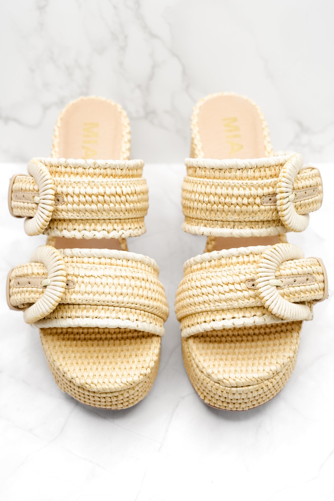 MIA Woven Raffia Double Buckle Platform Heel