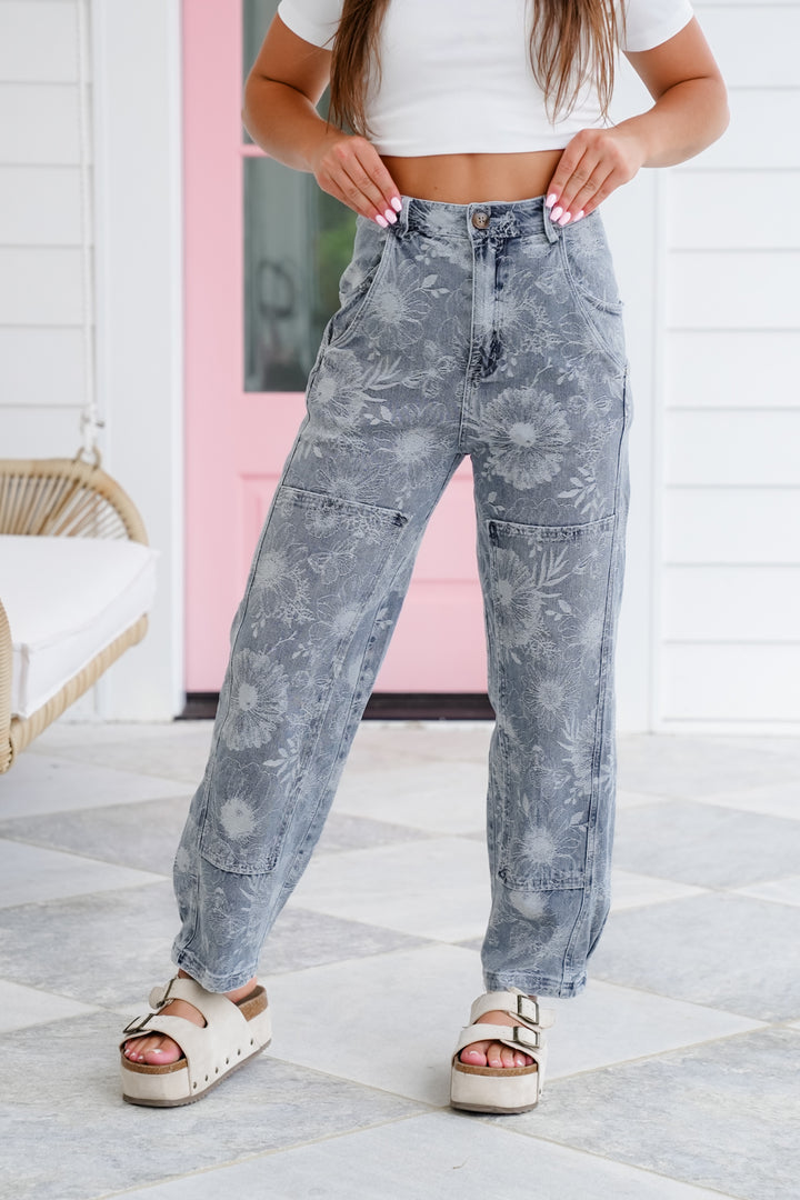 Floral Denim Mid Rise Barrell Jeans