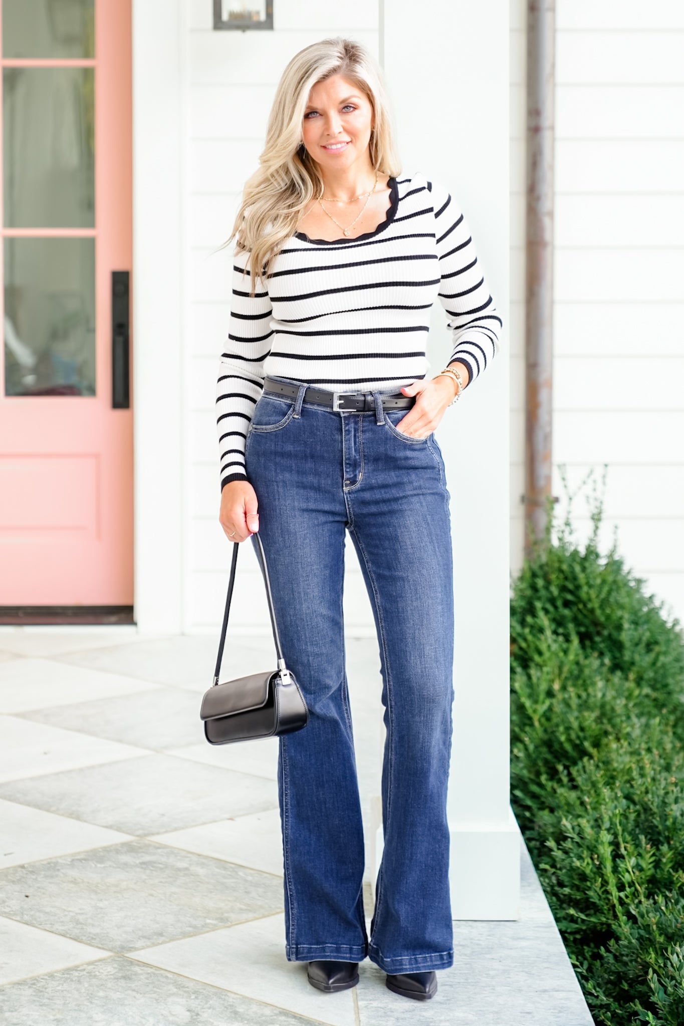 Striped Long Sleeve Sweater with Scalloped Edge