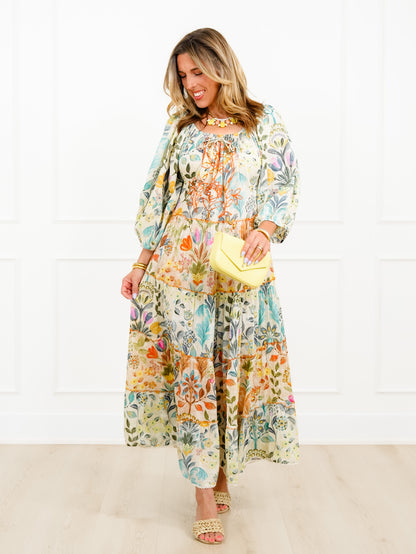 POL Floral Pattern 3/4 Sleeve Tiered Maxi Dress