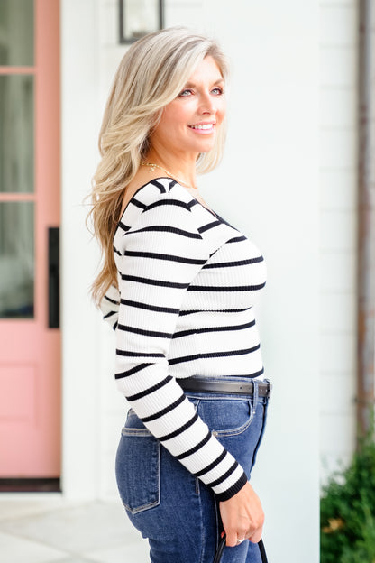Striped Long Sleeve Sweater with Scalloped Edge