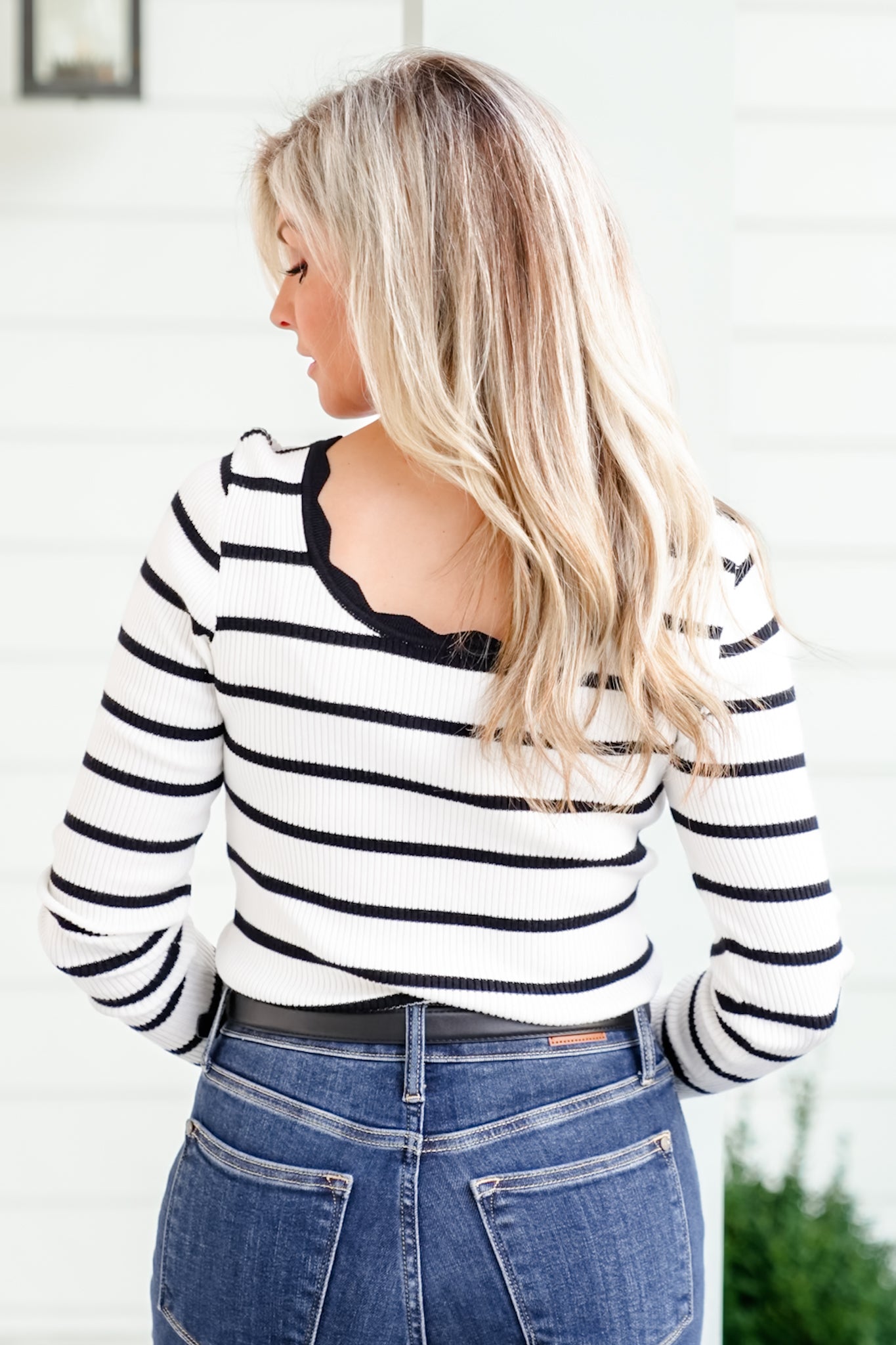Striped Long Sleeve Sweater with Scalloped Edge