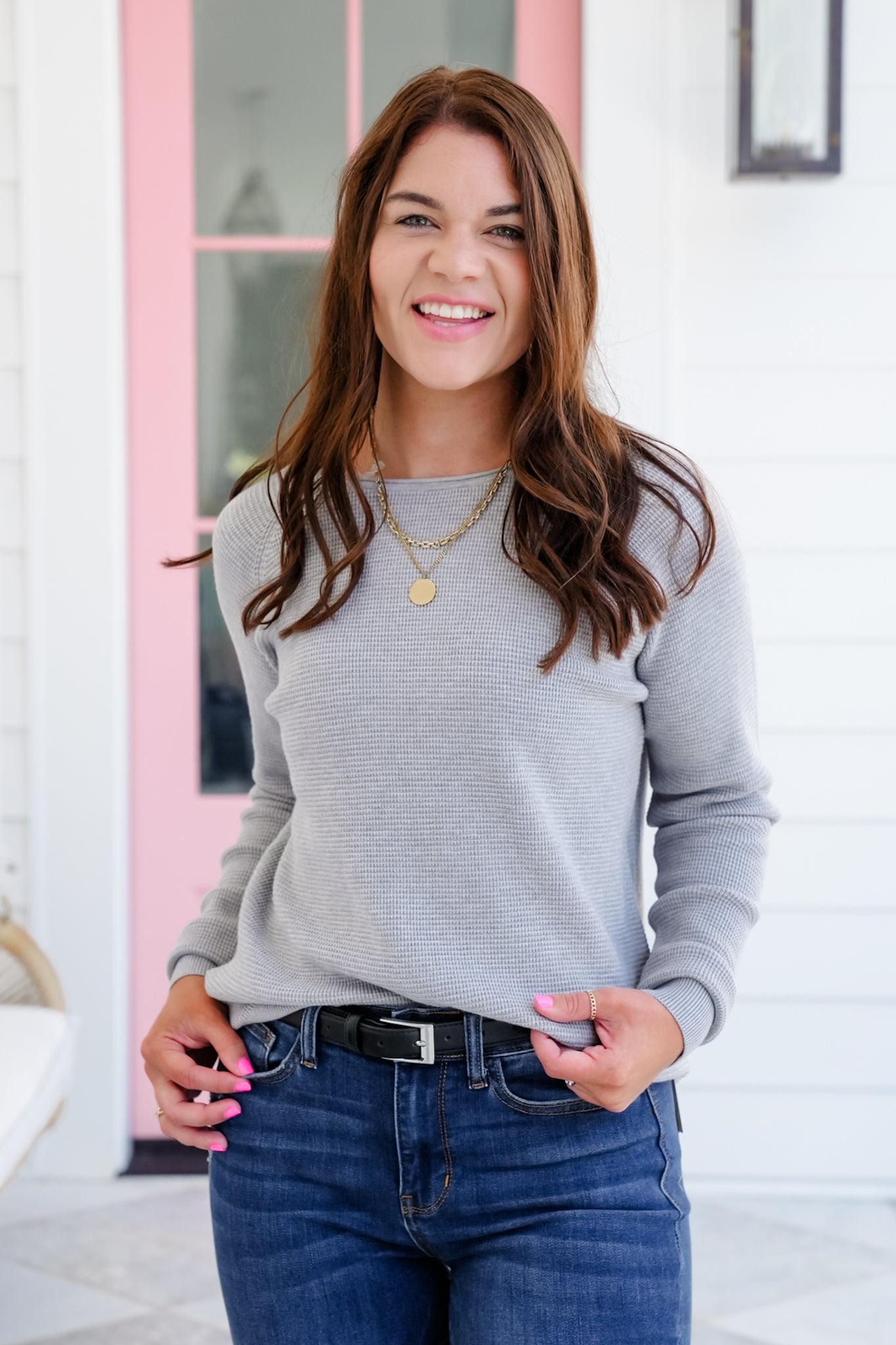 Mini Waffle Knit Long Sleeve Crew Neck Top