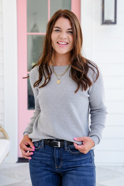 Mini Waffle Knit Long Sleeve Crew Neck Top