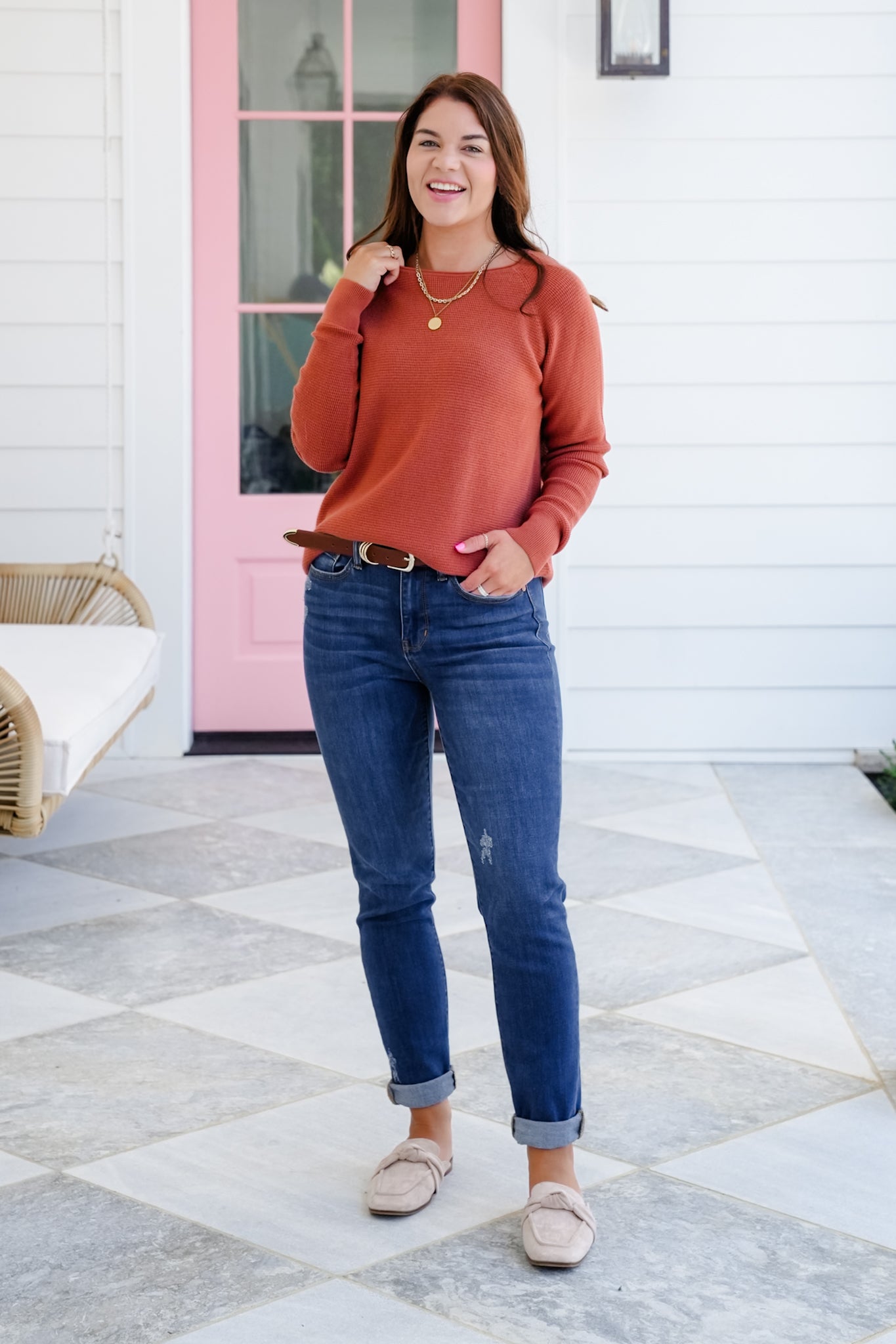 Mini Waffle Knit Long Sleeve Crew Neck Top