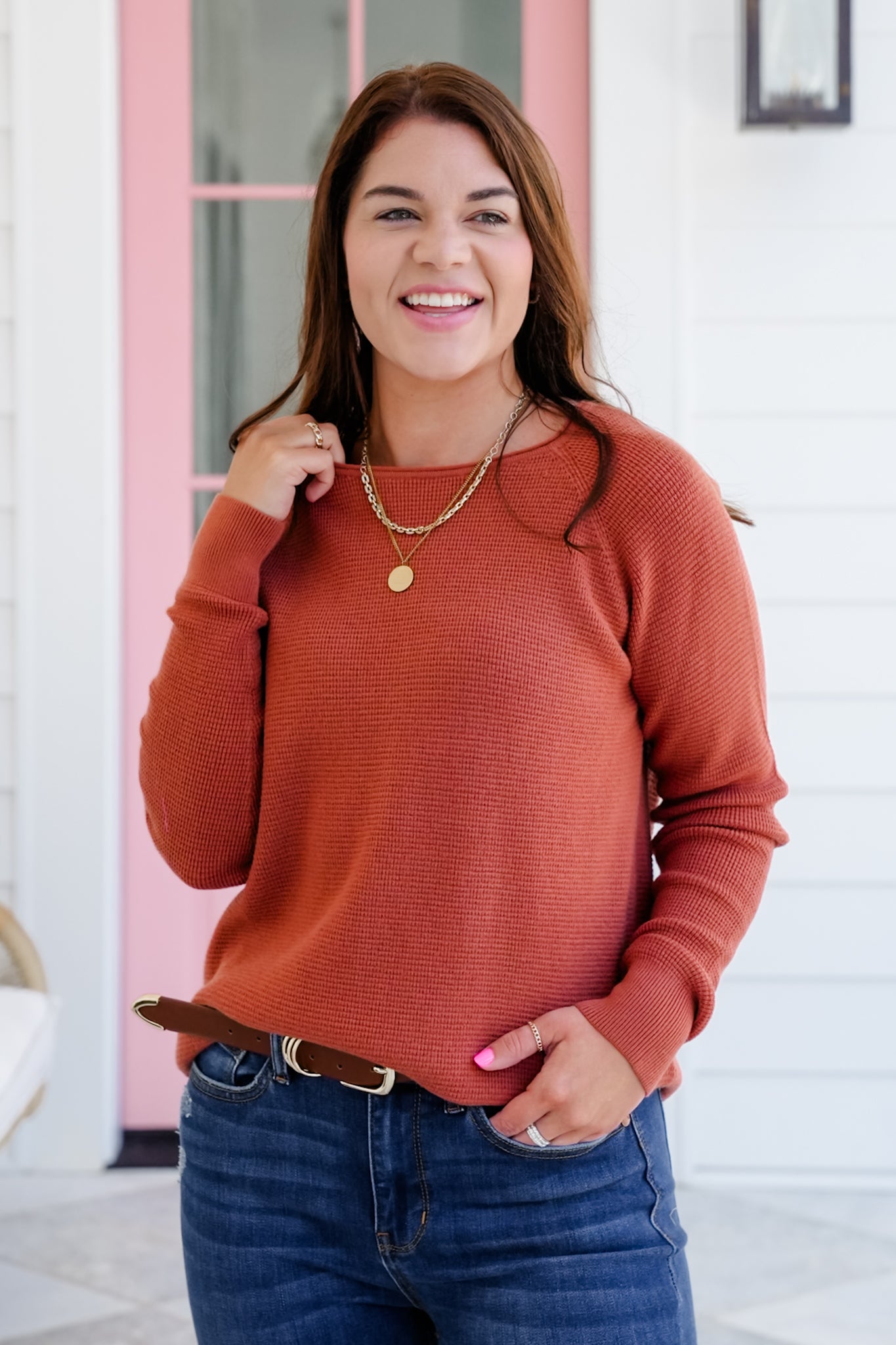 Mini Waffle Knit Long Sleeve Crew Neck Top