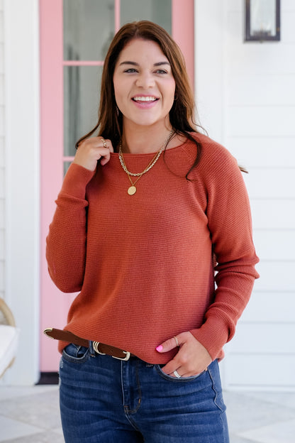 Mini Waffle Knit Long Sleeve Crew Neck Top