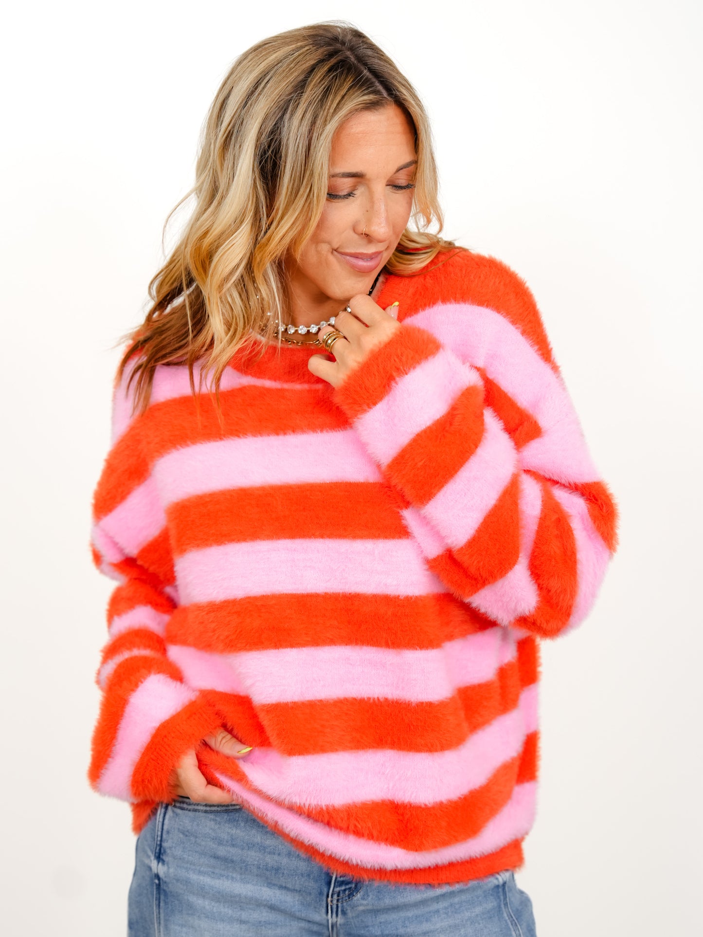 Fuzzy Stripe Long Sleeve Pullover Sweater
