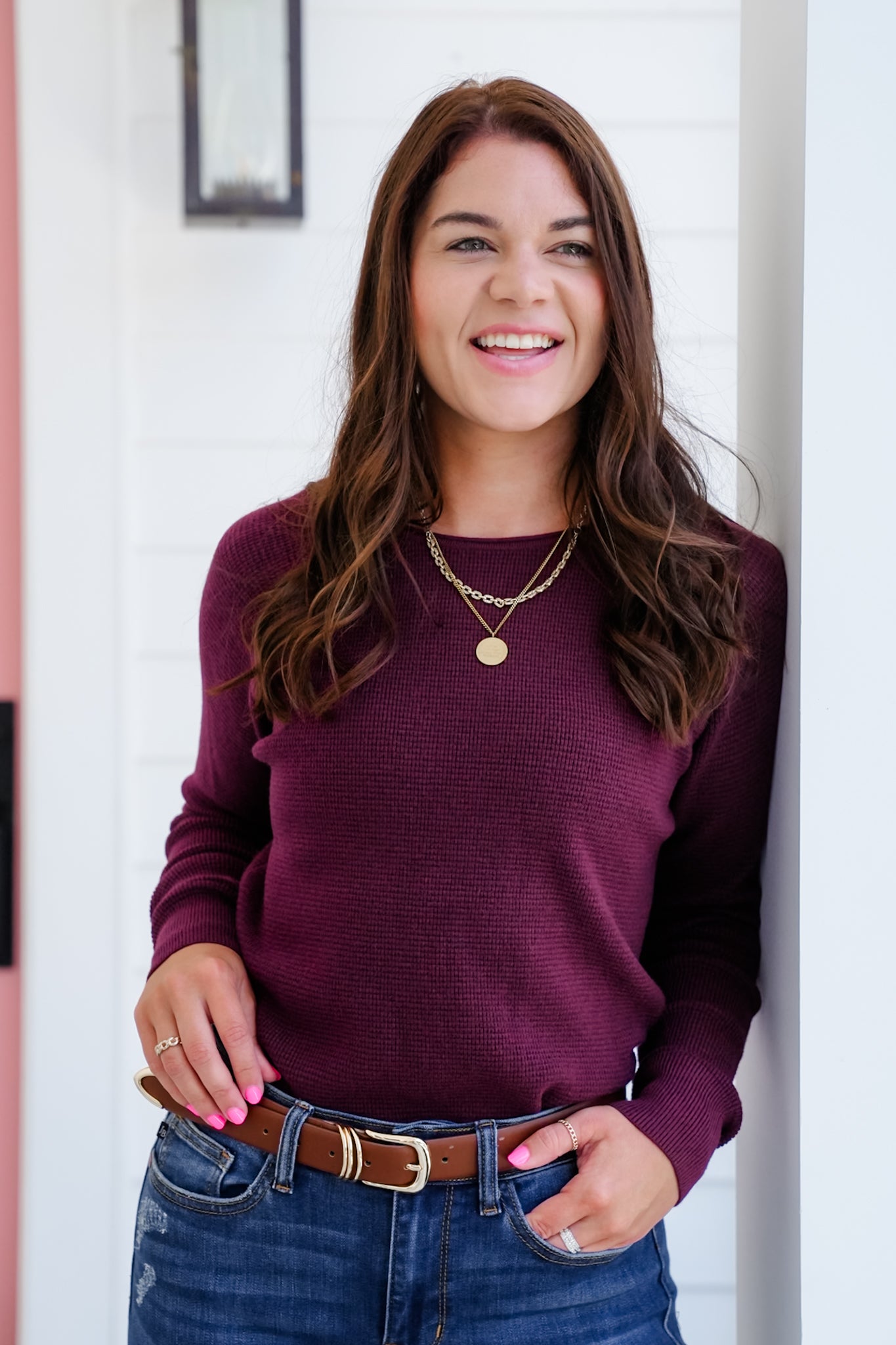 Mini Waffle Knit Long Sleeve Crew Neck Top