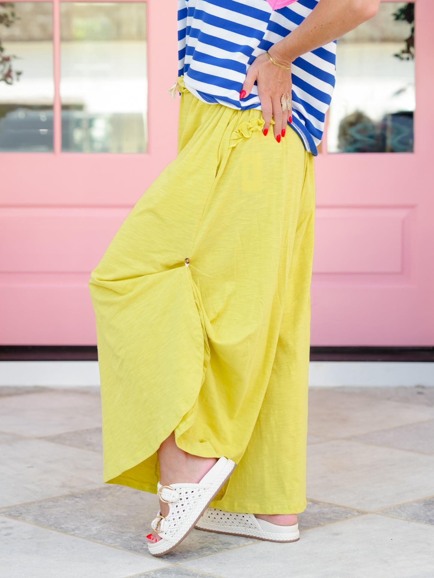 Paper Bag Elastic Waist Wide Leg Pants with Button Tab Hem
