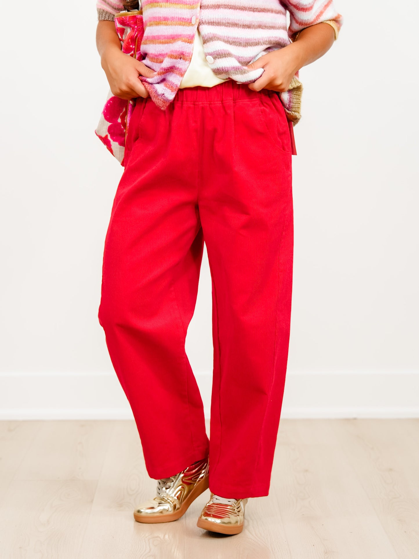 Corduroy Elastic High Waist Barrel Pants - Freckled Poppy