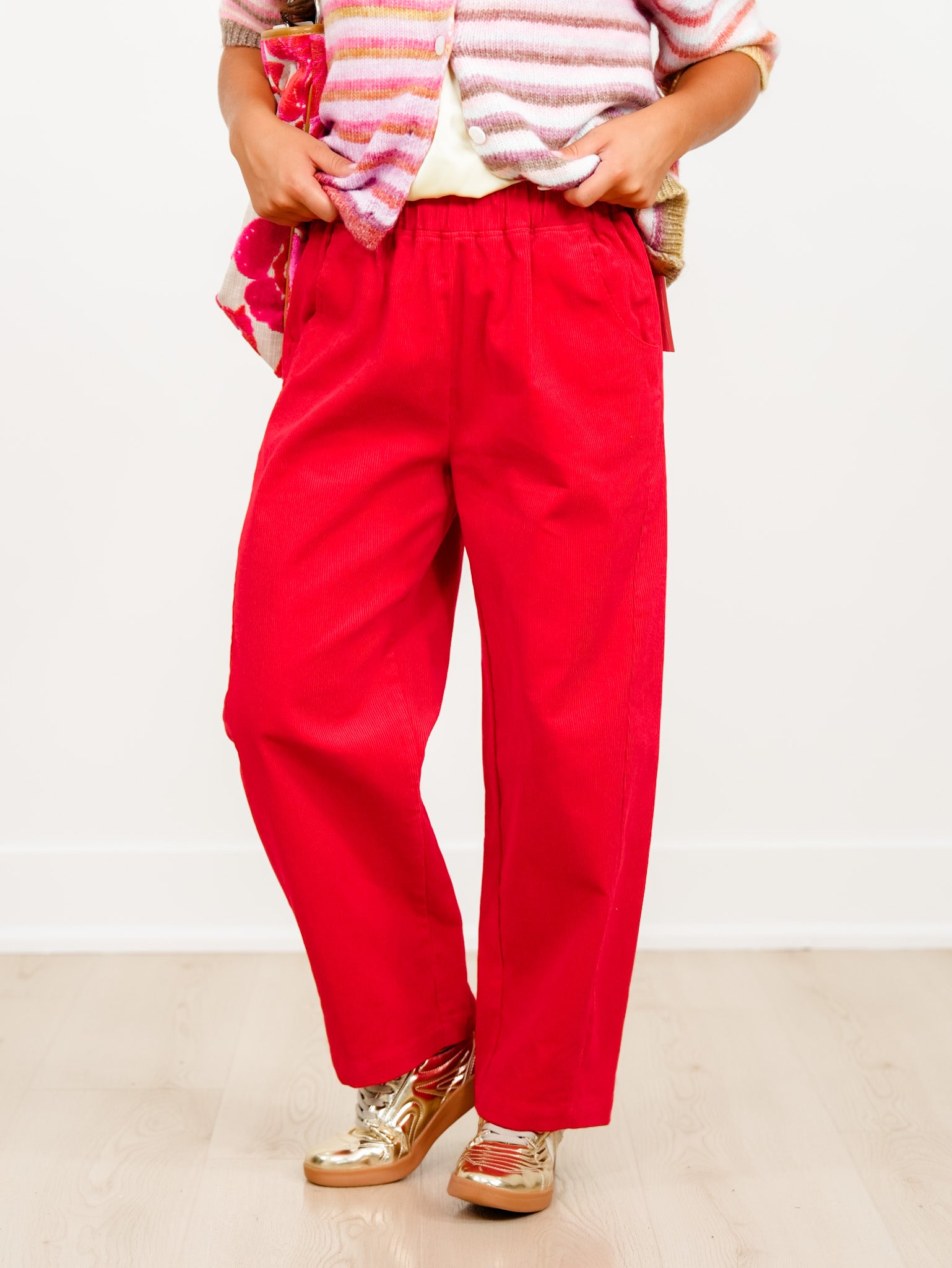 Corduroy Elastic High Waist Barrel Pants - Freckled Poppy