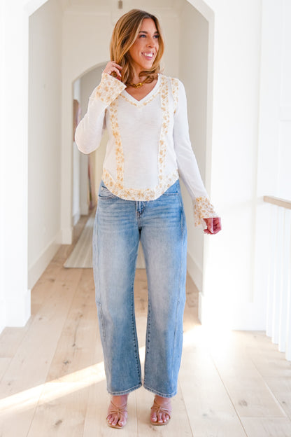 POL Ribbed Long Sleeve V Neck Top with Floral