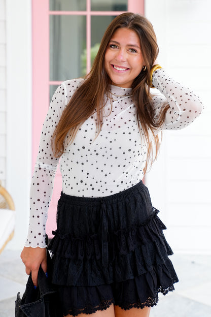Polka Dot Mesh Long Sleeve Top
