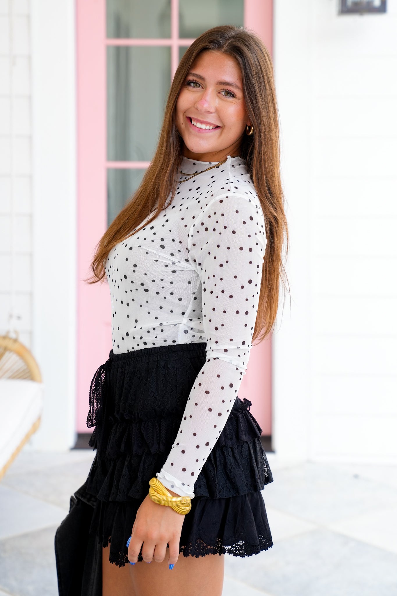 Polka Dot Mesh Long Sleeve Top