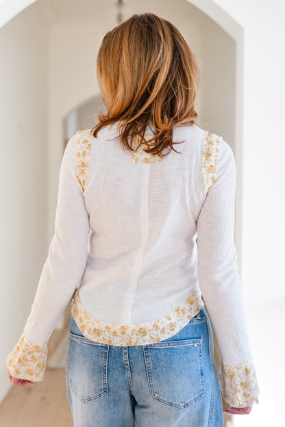 POL Ribbed Long Sleeve V Neck Top with Floral