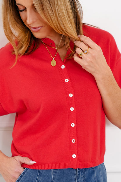 Solid Short Sleeve Button Down Cardigan