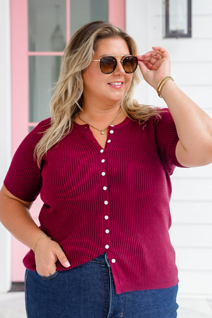 Ribbed Knit Short Sleeve Button Down Top