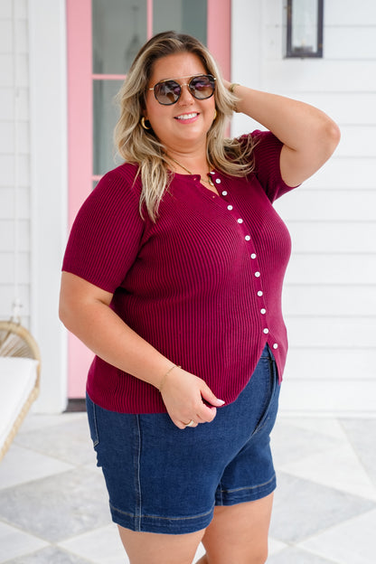 Ribbed Knit Short Sleeve Button Down Top